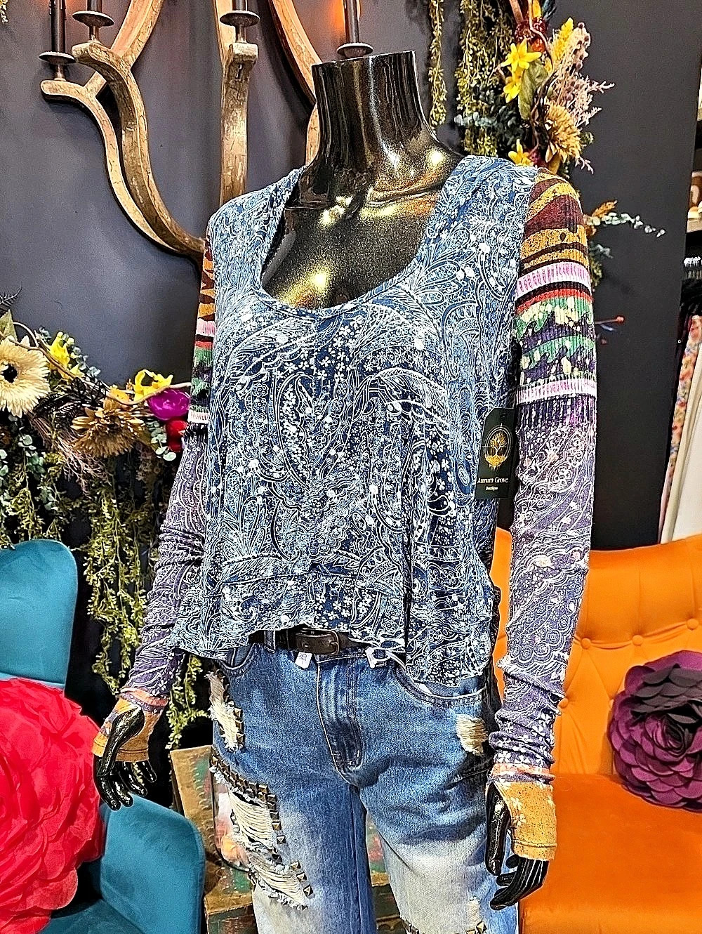 Free People Blue Patterned Long Sleeve Hooded Blouse with Thumbholes